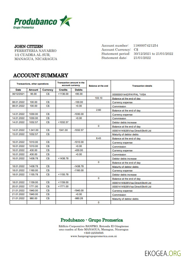 Relevé bancaire de la Banco de la Producción du Nicaragua template Relevé bancaire de la Banco de la Producción du Nicaragua template